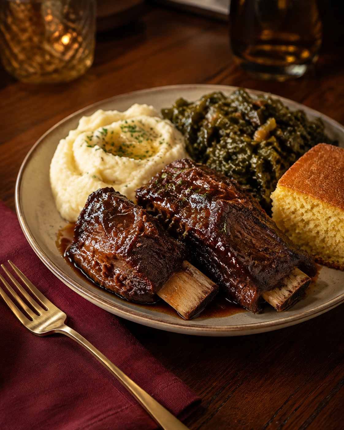 Soul Ties short ribs with mashed potatoes, collard greens, and cornbread